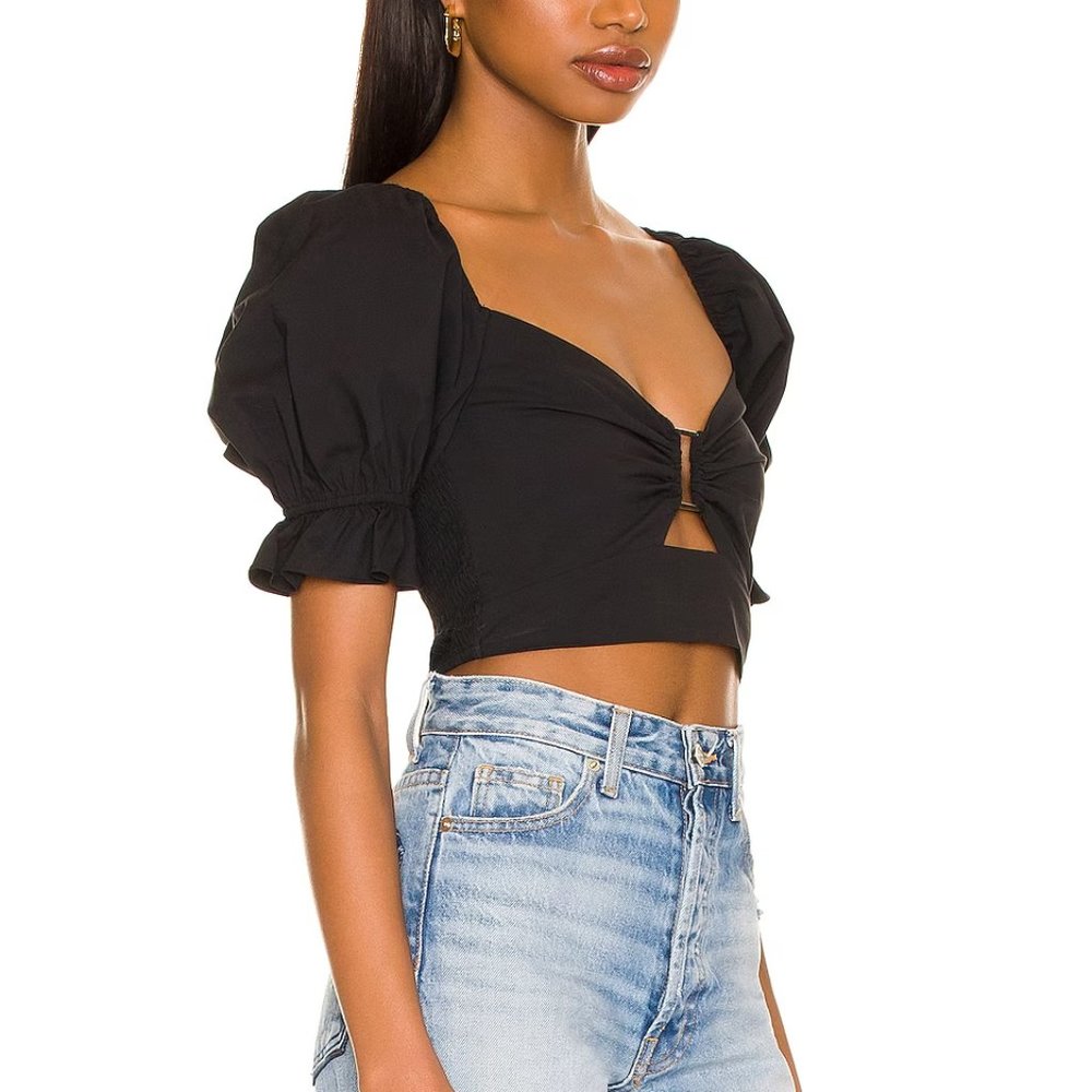 Black Puff Sleeve Crop Top with Front Ring Detail